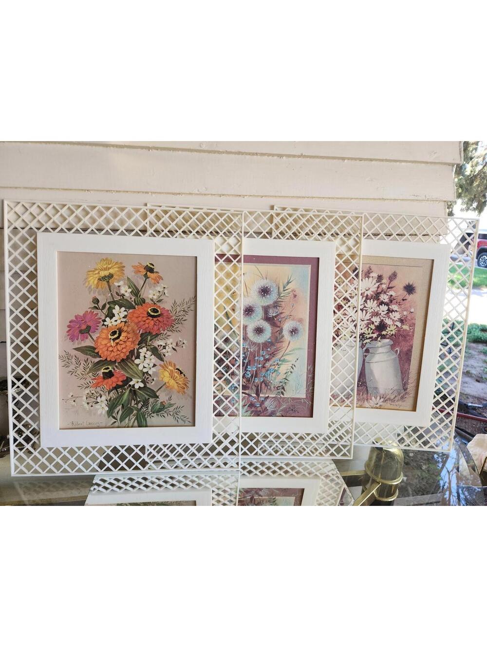 Vintage Framed Retro Floral Lithographs in Plastic Lattice Style Frames